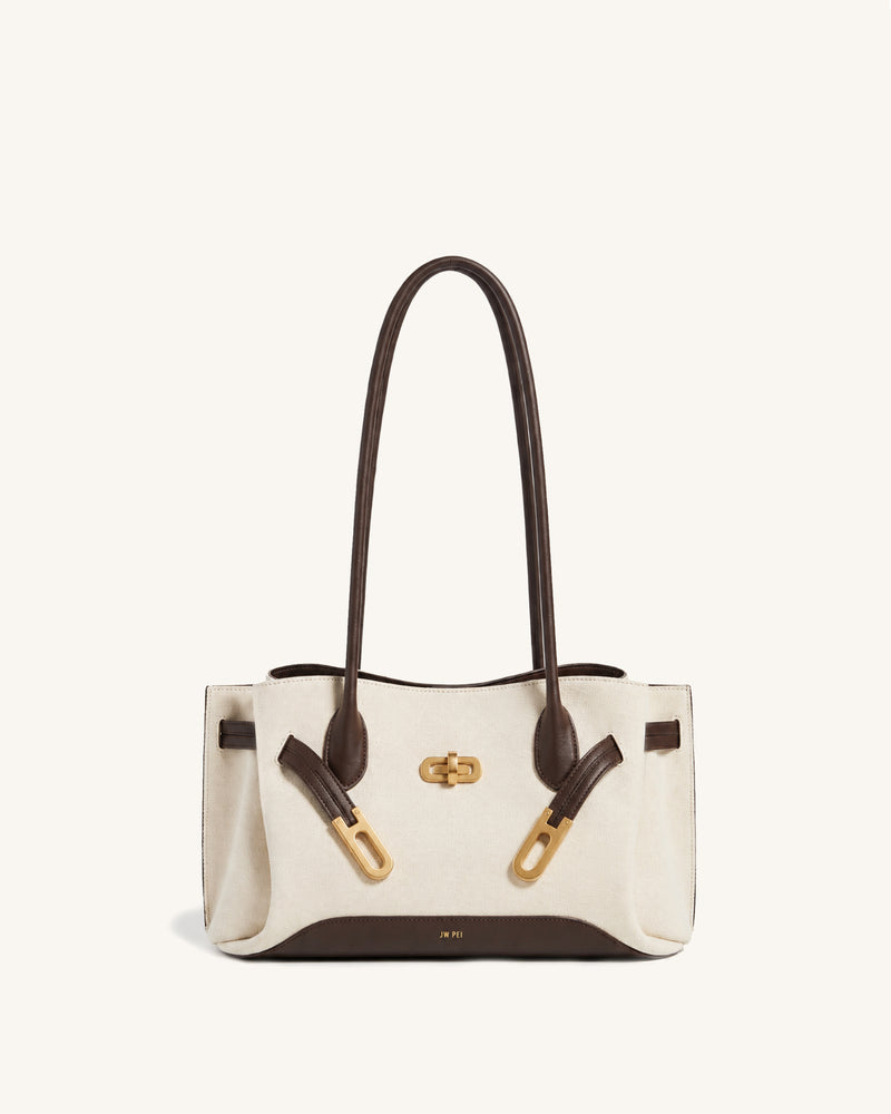 Rhea Canvas Contrast Trim Buckle Shoulder Tote Bag – Ivory & Dark Brown