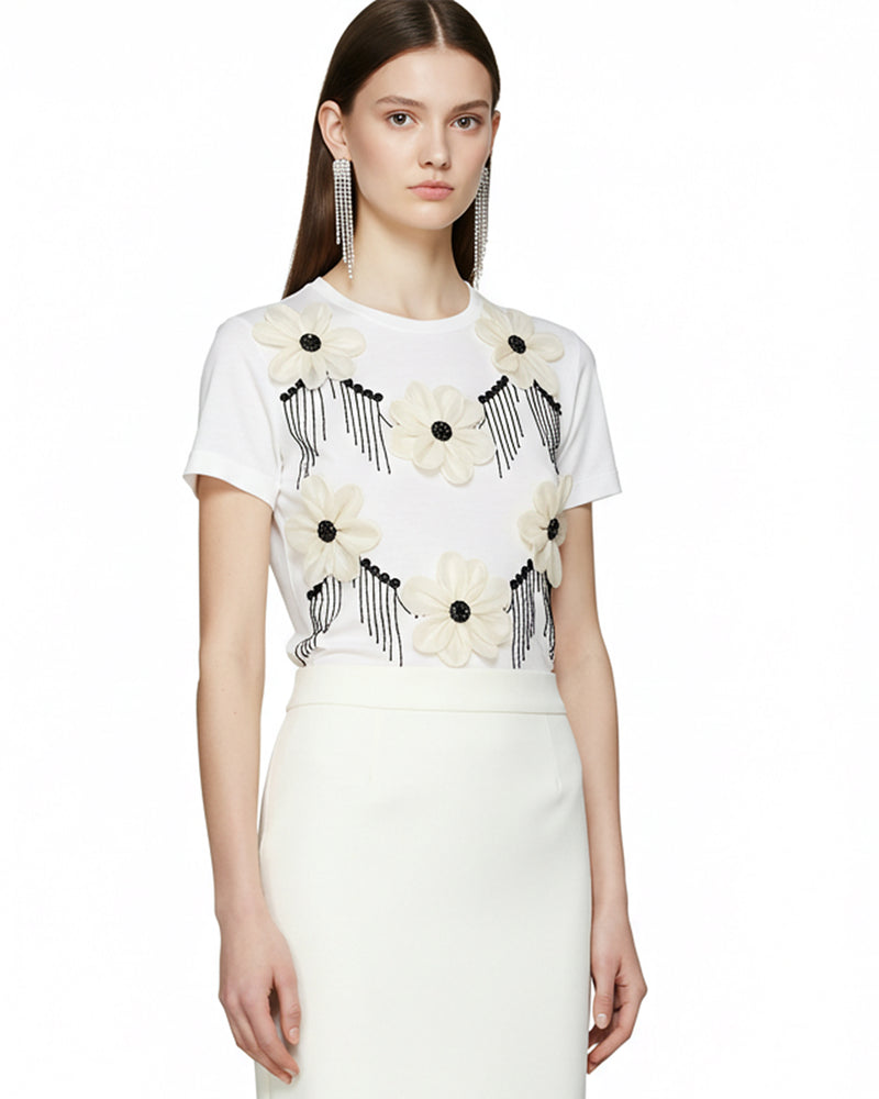 Floral Appliqué Embellished T-Shirt – White