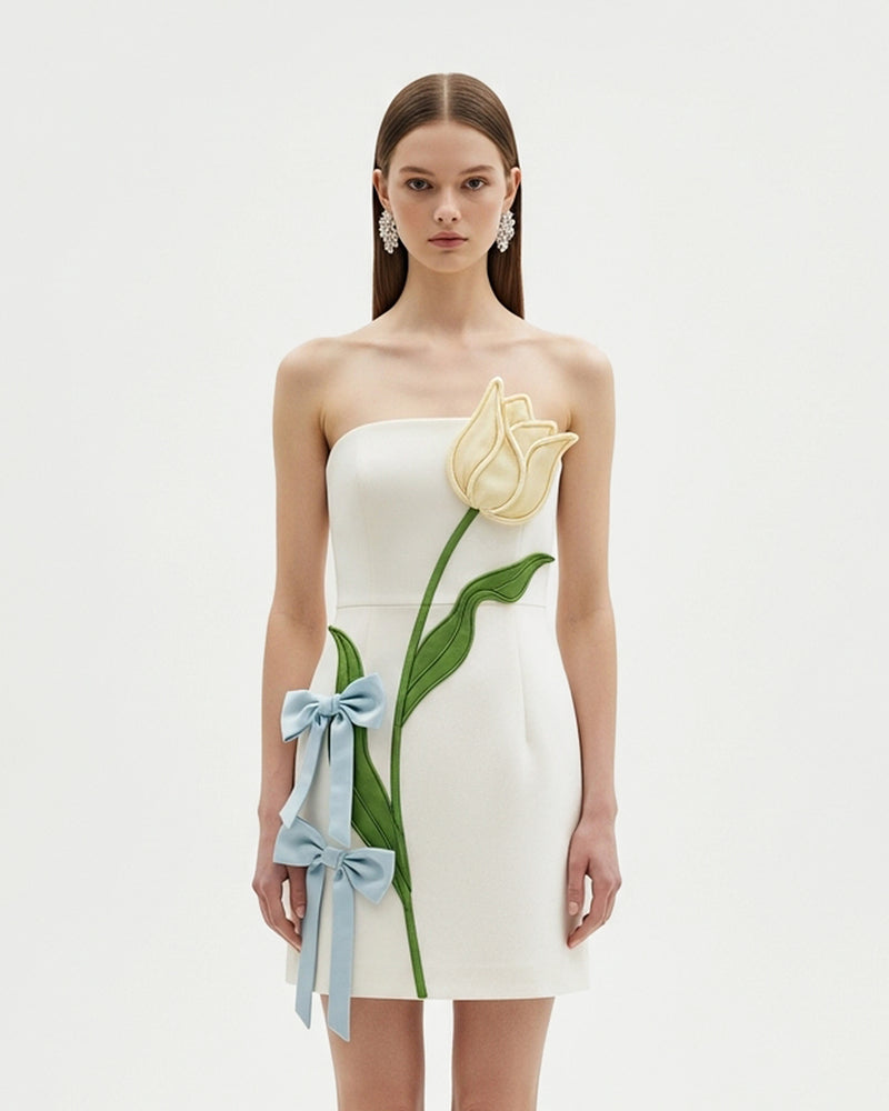 Strapless Tulip Appliqué Mini Dress – White
