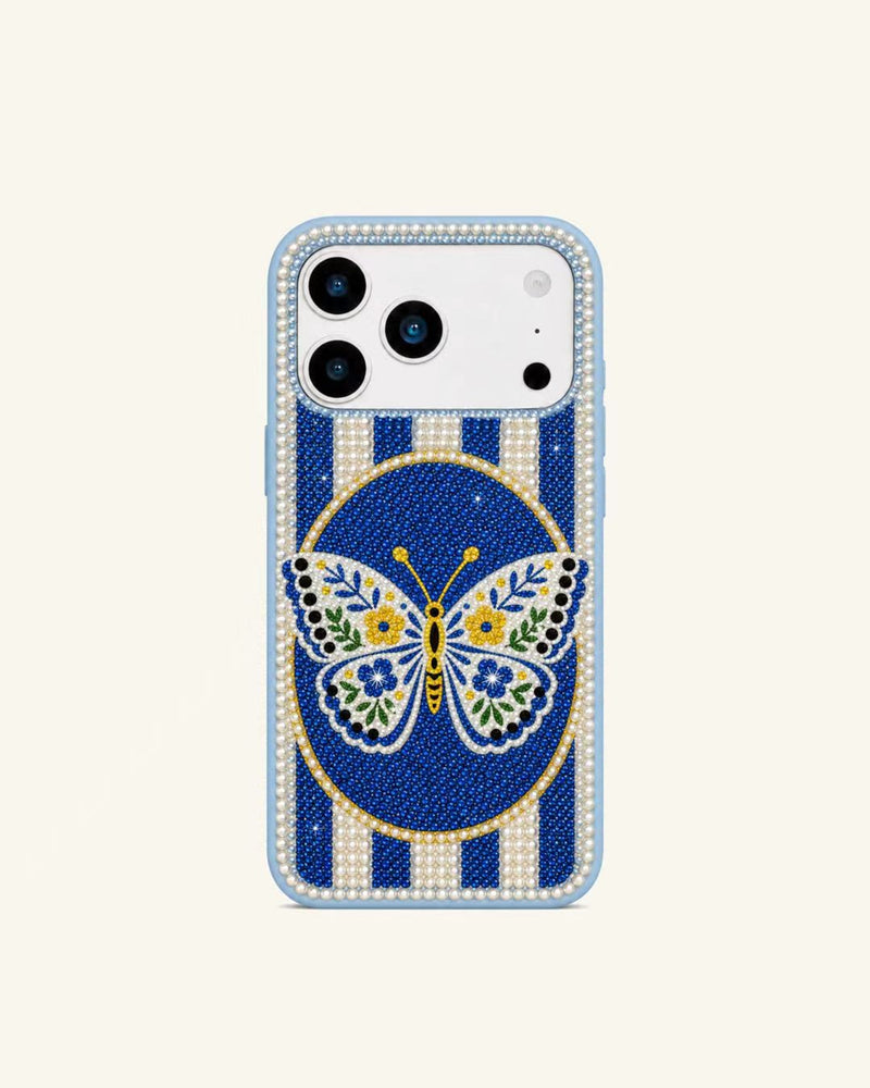 Butterfly Cameo Artificial Crystal Pearl Phone Case - Light Blue