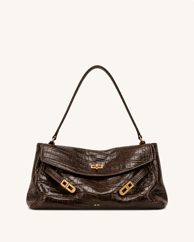 Rhea Double Buckle Flap Shoulder Bag - Dark Brown Croc