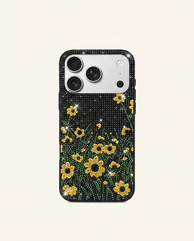 Daisy Garden Artificial Crystal Phone Case - Black