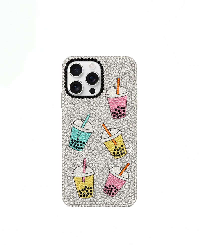 Artificial Crystal Bubble Tea Phone Case – White