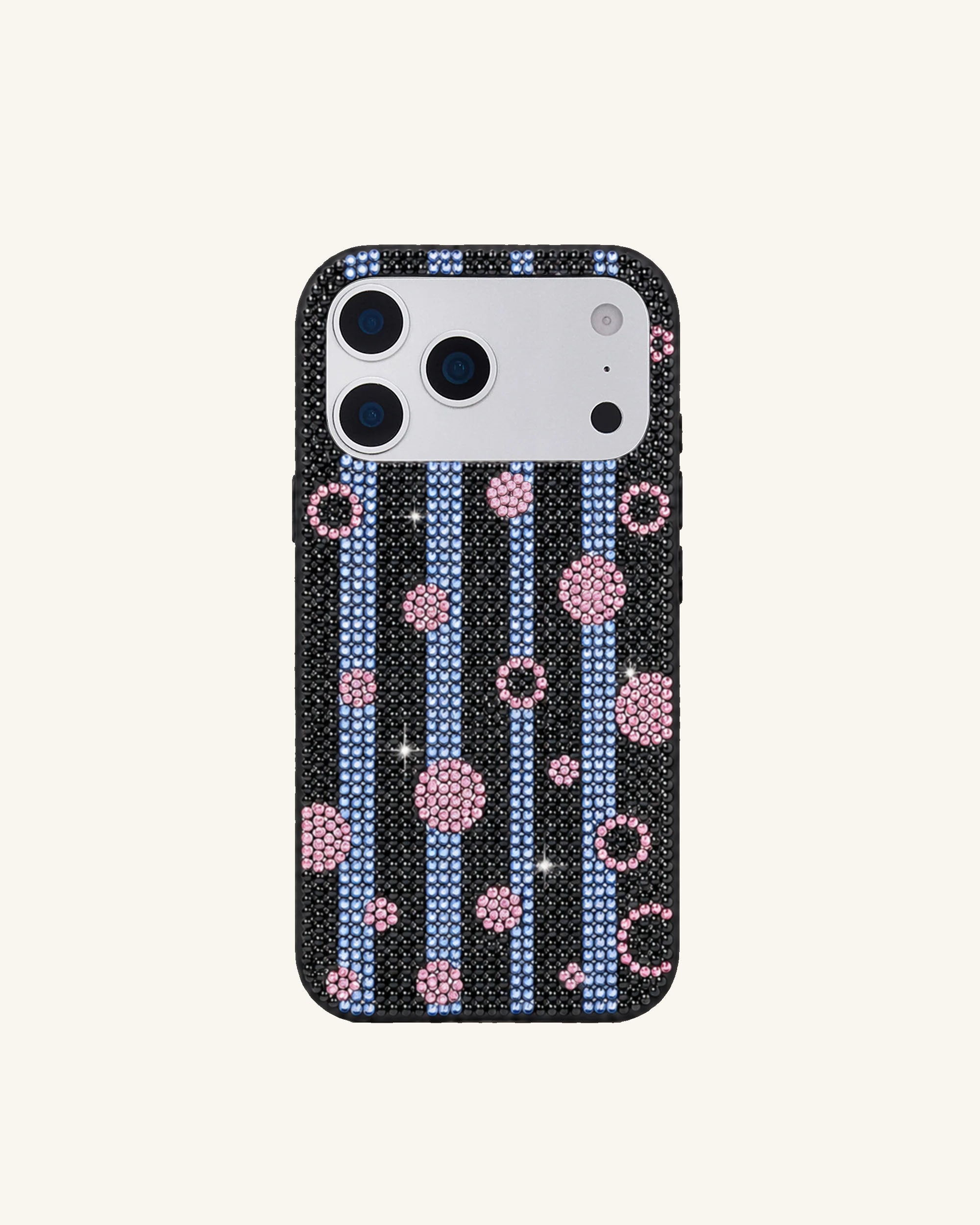 Pink Dot Stripe Artificial Crystal Phone Case - Black