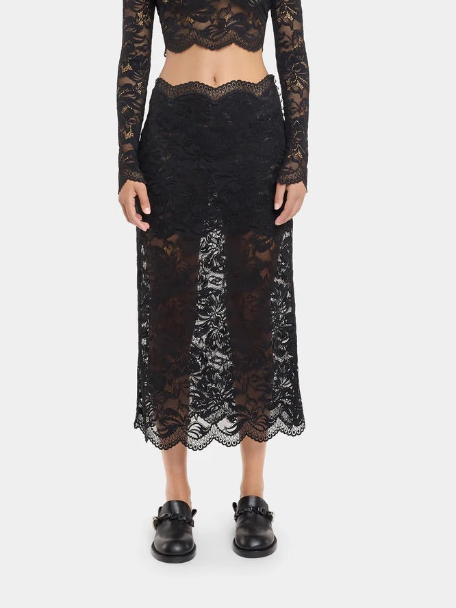 Scalloped Sheer Lace Skirt – Black