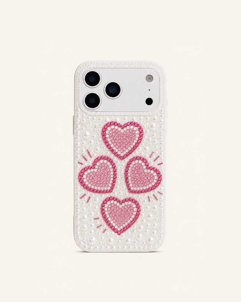 Four Heart Faux Pearl Phone Case – White