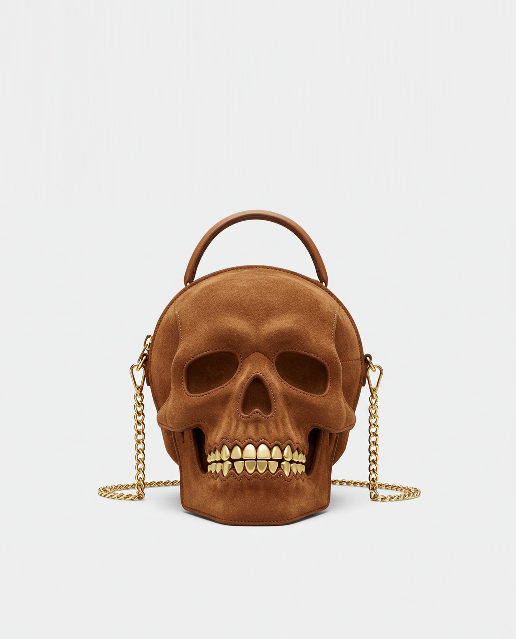 Skull Suede Top Handle Bag - Brown