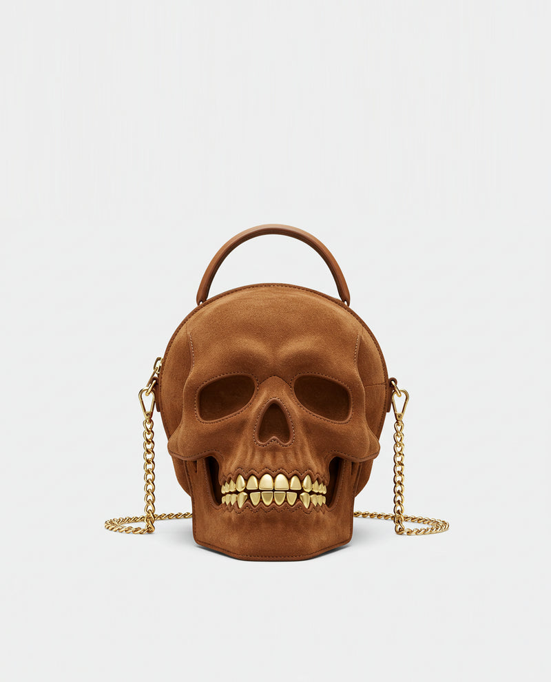 Skull Suede Top Handle Bag - Brown