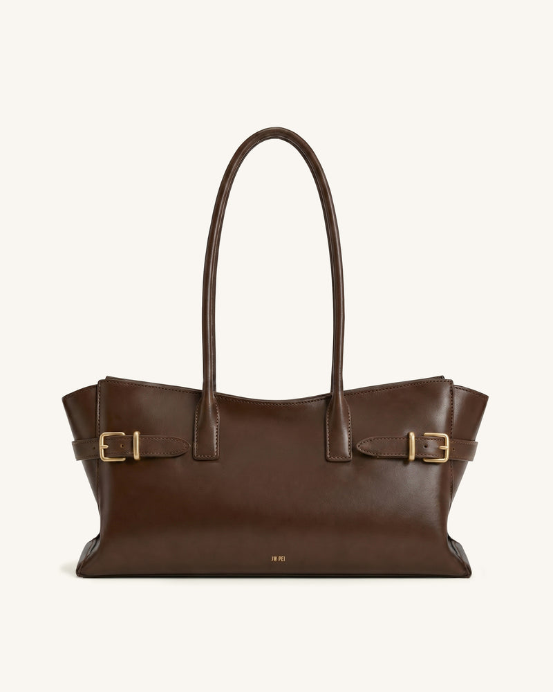Elena Long Strap Buckled Tote Bag - Brown