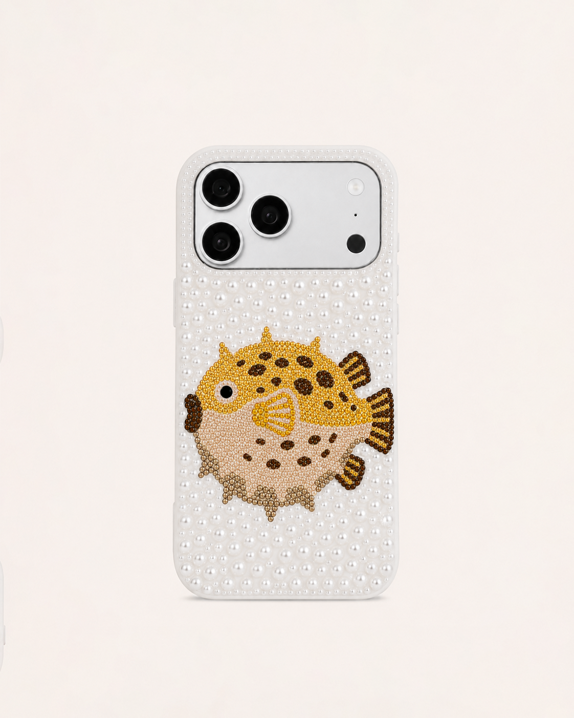 Pufferfish Pearl & Artificial Crystal Phone Case  – White