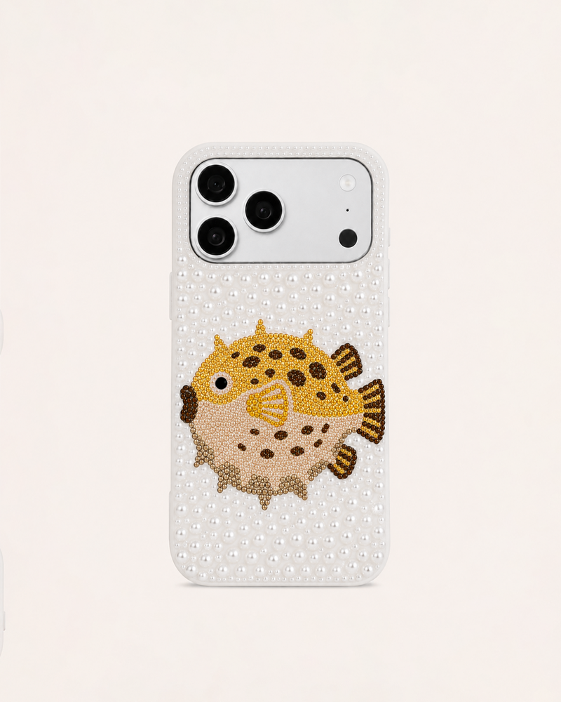 Pufferfish Pearl & Artificial Crystal Phone Case  – White