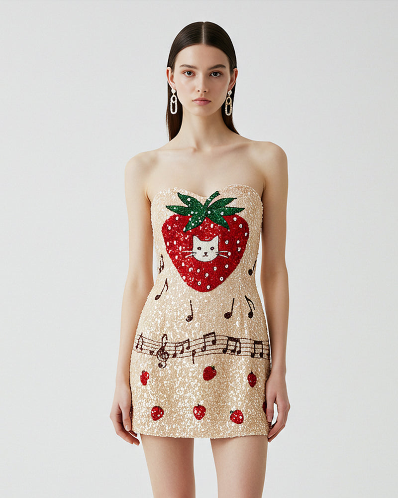 Strawberry Cat Sequin Mini Dress – Beige