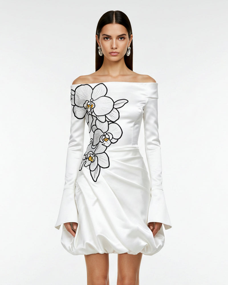 Orchid Embroidery Appliqué Off Shoulder Dress – White