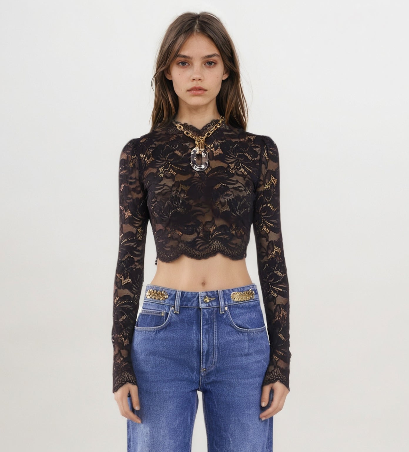 Sheer Floral Lace Crop Top – Black