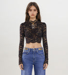 Sheer Floral Lace Crop Top – Black