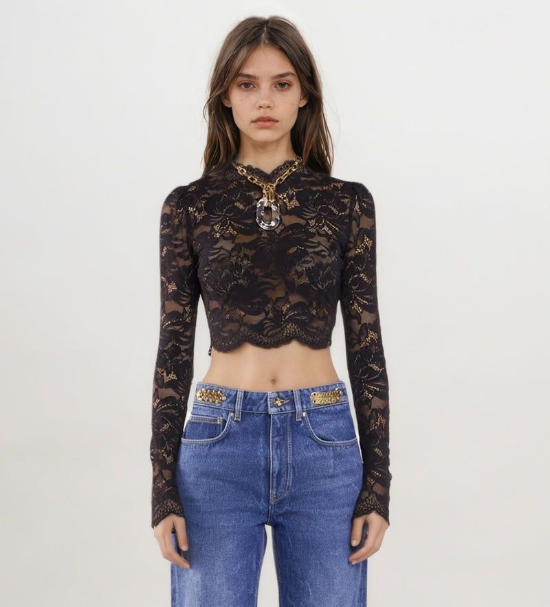 Sheer Floral Lace Crop Top – Black