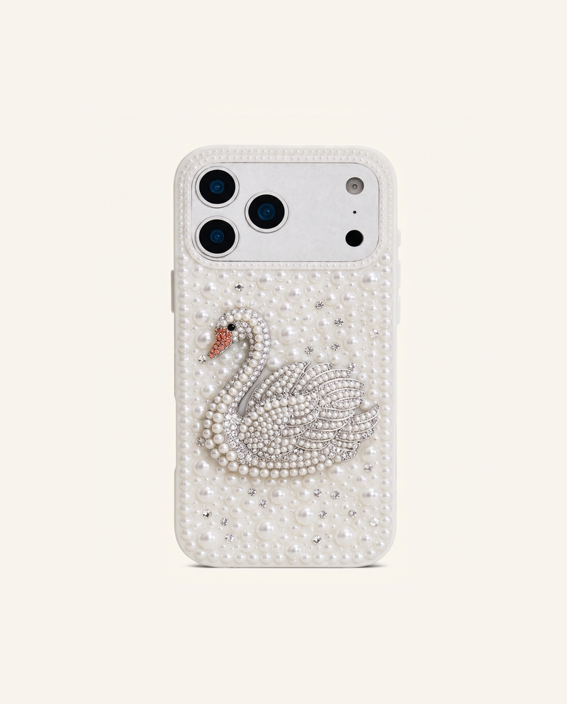 Swan Pearl Embellished Phone Case – White