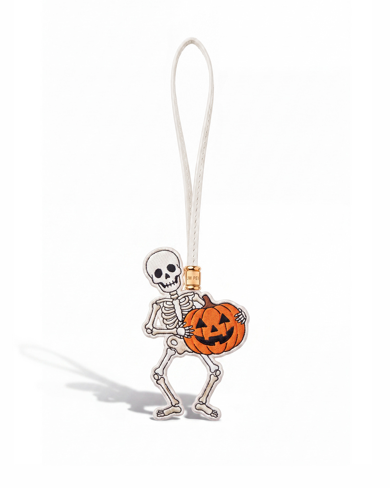 Embroidered Skeleton & Pumpkin Bag Charm - White