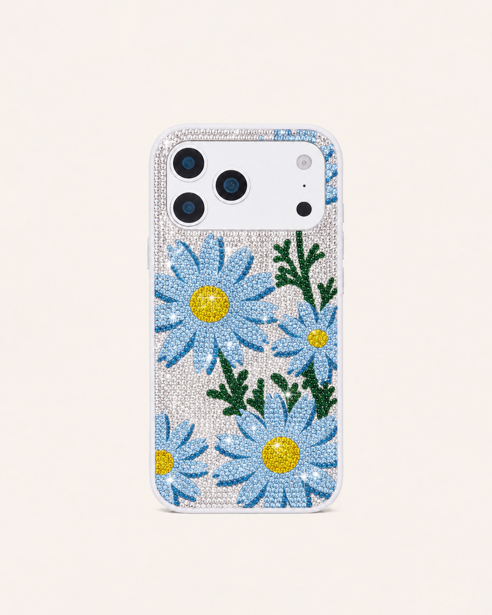 Blue Daisy Artificial Crystal Phone Case – White