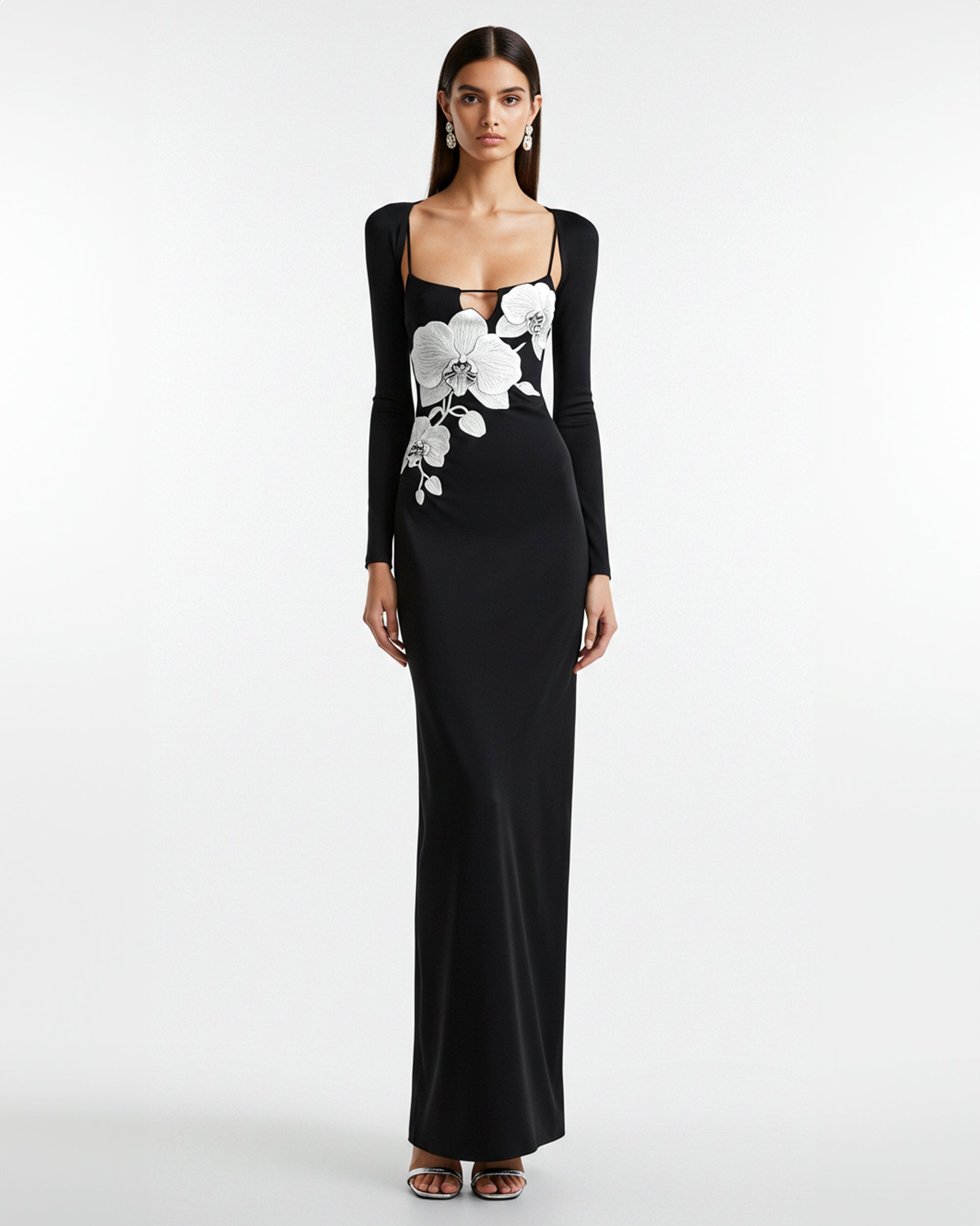 Orchid Embroidered Appliqué Maxi Dress – Black