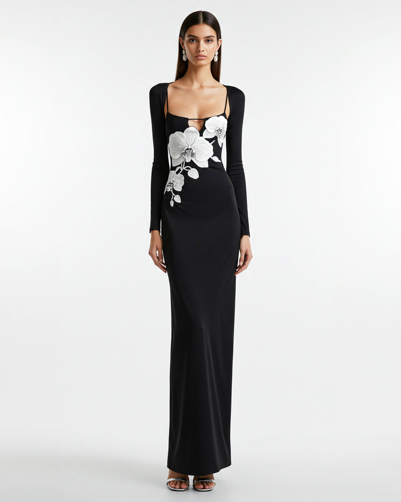 Orchid Embroidered Appliqué Maxi Dress – Black