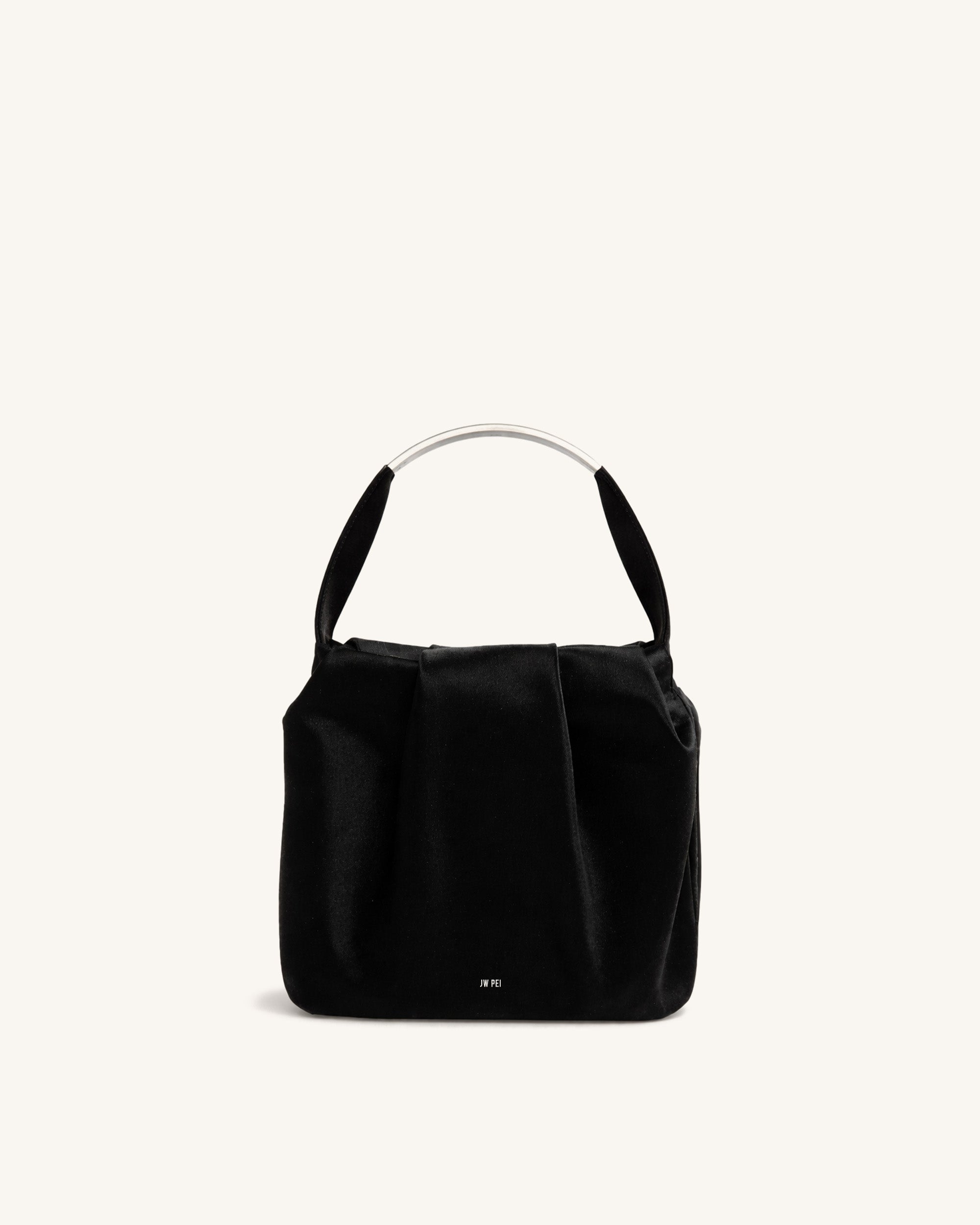 Ava Ruched Satin Top Handle Bag - Black