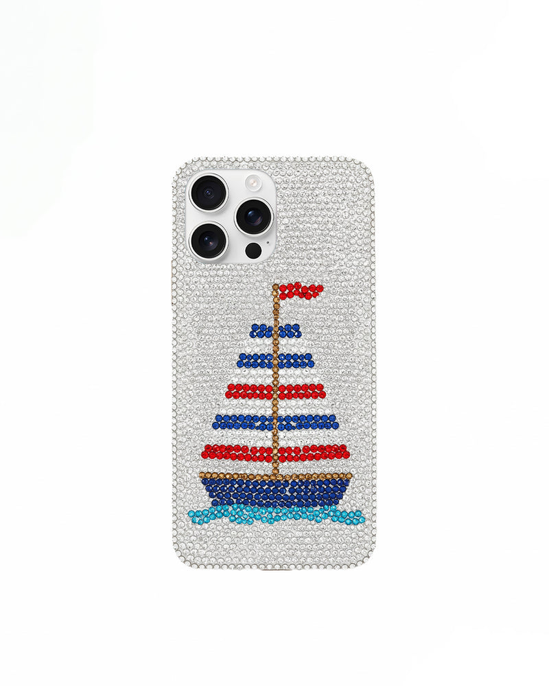 Sailboat Artificial Crystal Phone Case – White