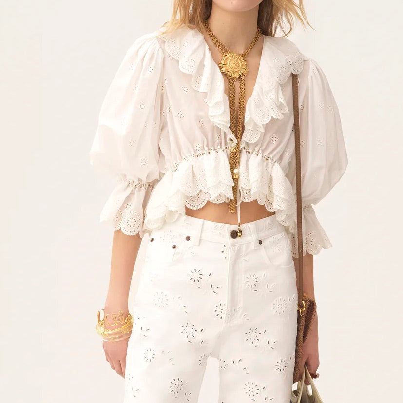 Eyelet Ruffle Crop Blouse – White