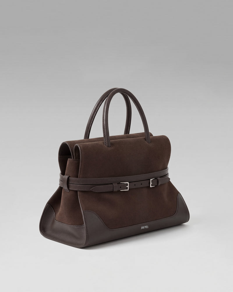 Faux Suede Belted Tote Bag - Brown