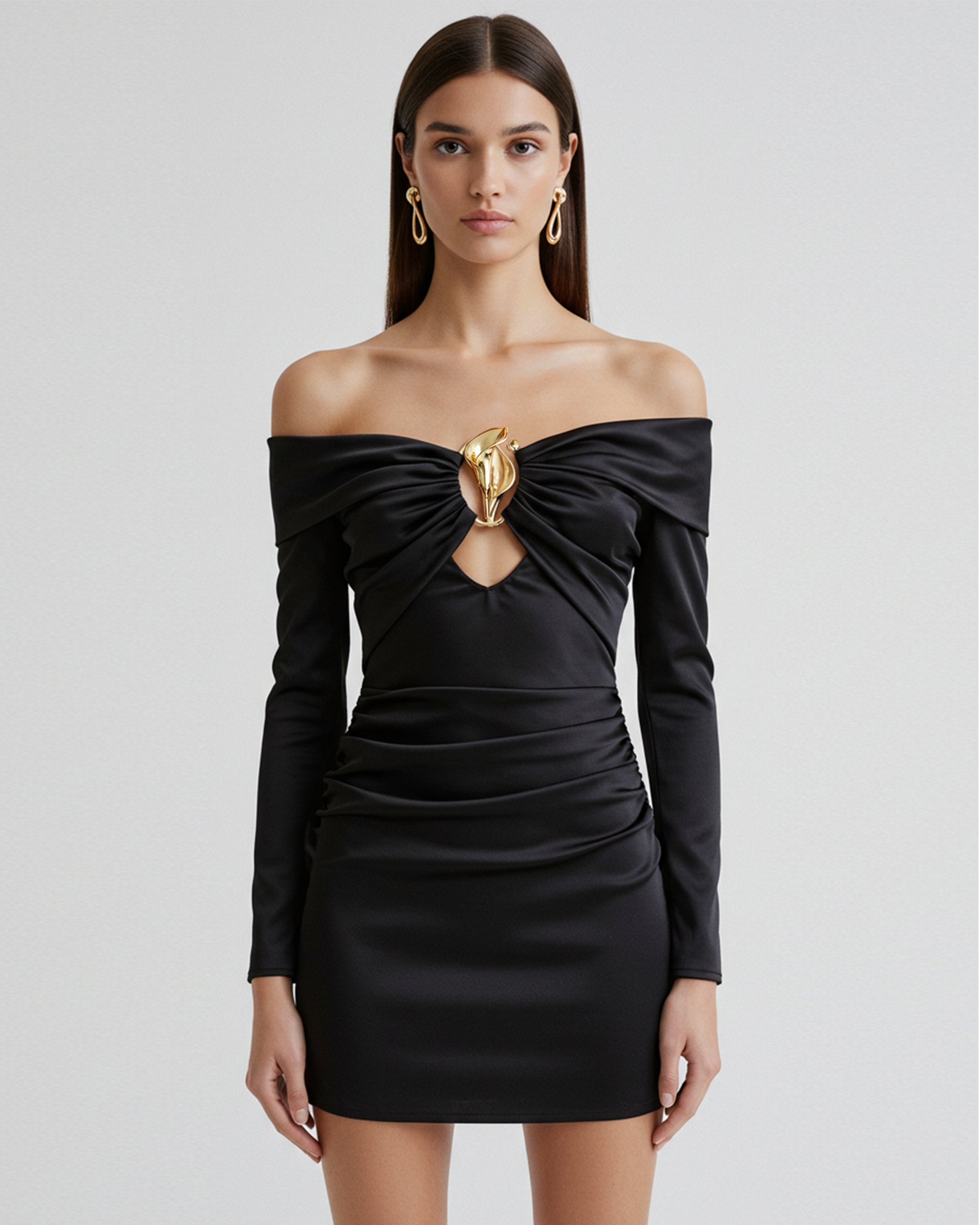Ornament Detail Off-Shoulder Dress – Black