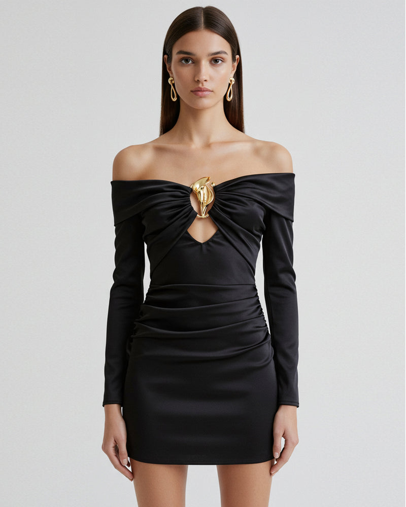 Ornament Detail Off-Shoulder Dress – Black