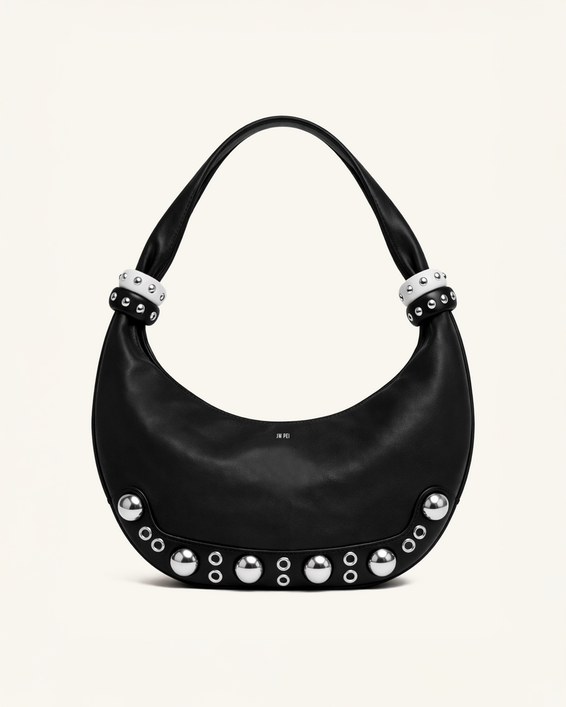 Luna Studded Hobo Shoulder Bag - Black