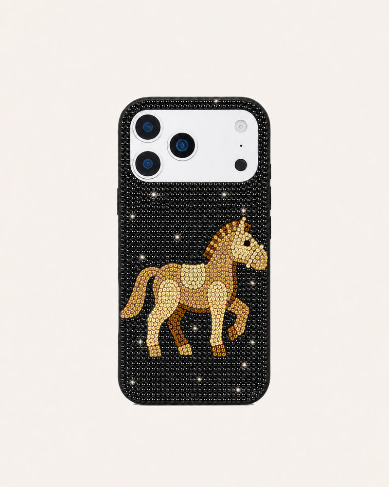 Golden Horse Artificial Crystal Phone Case – Black
