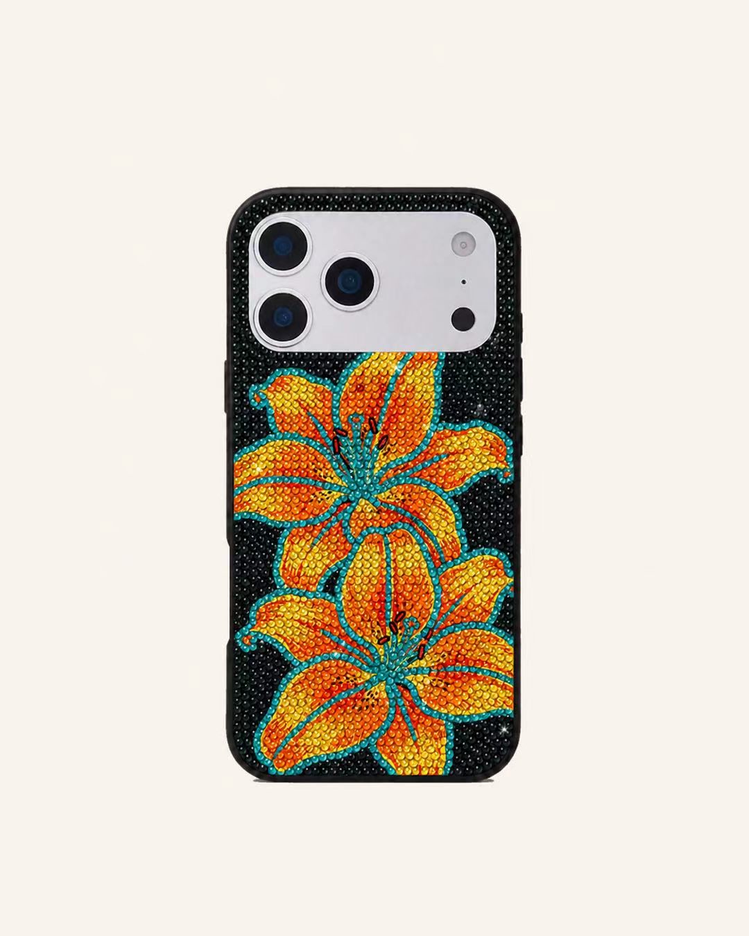 Orange Lily Rhinestone Phone Case – Black
