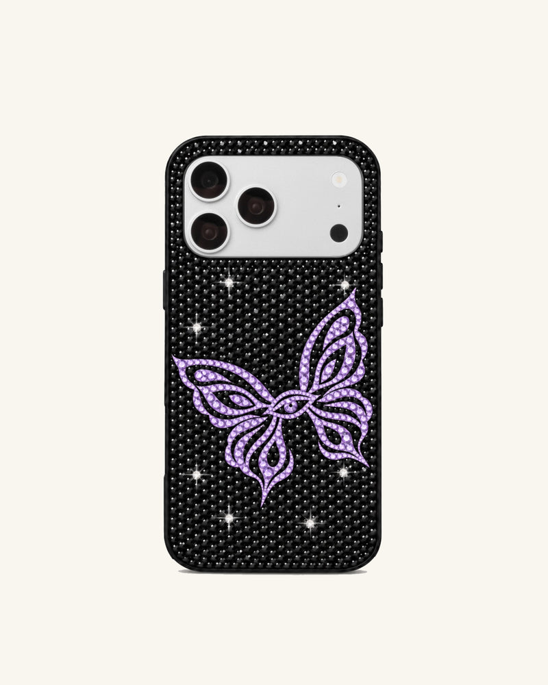 Purple Butterfly Artificial Crystal Phone Case – Black