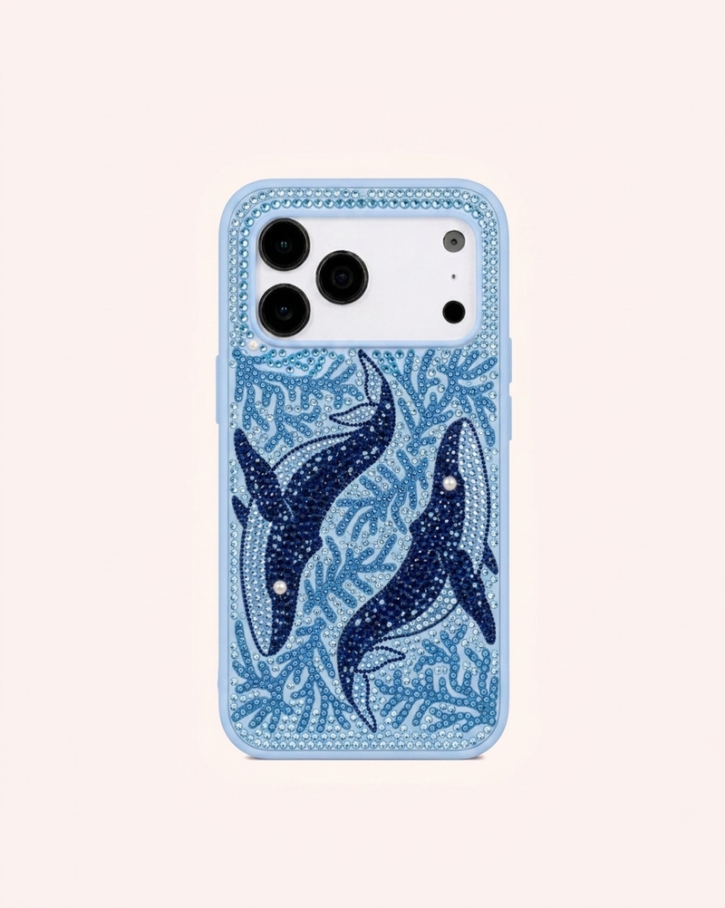 Whales & Coral Artificial Crystal Phone Case – Blue