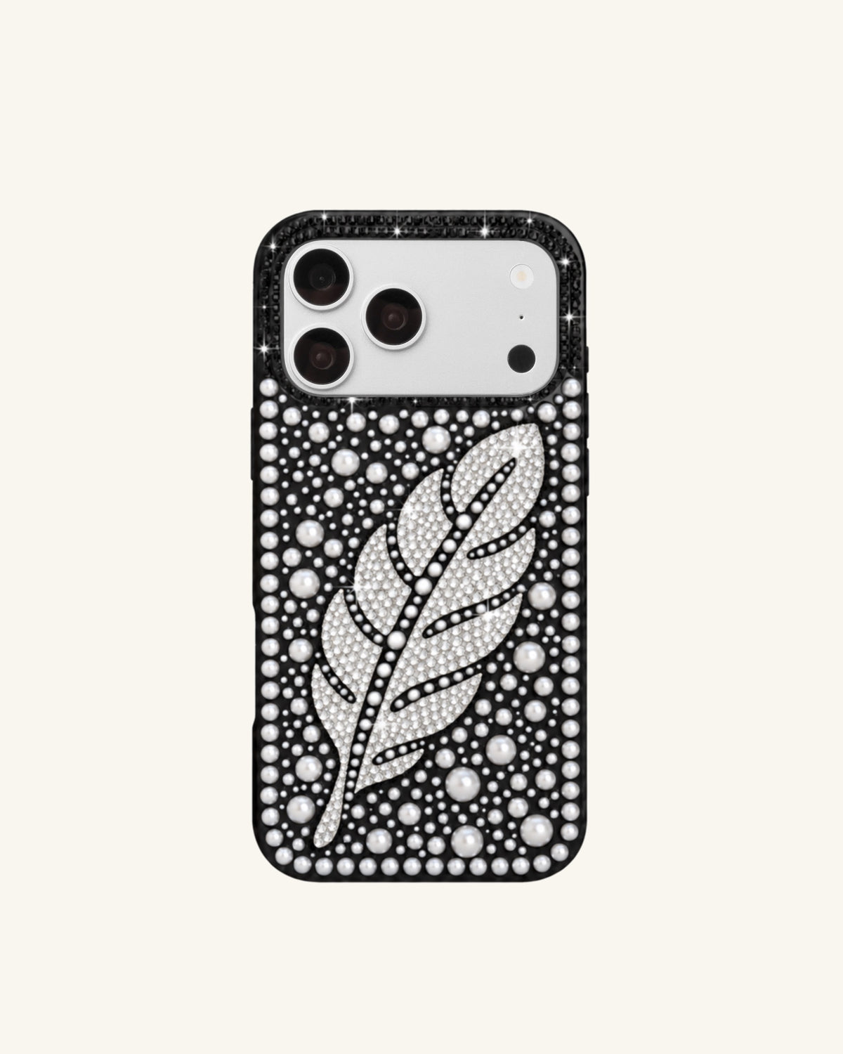 Feather Pearl Rhinestone Phone Case – Black