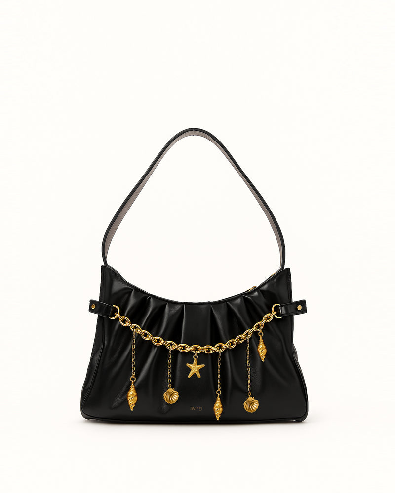 Sasha Ruched Chain Shoulder Bag - Black