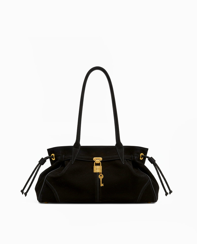 Luna Faux Suede Drawstring Shoulder Bag - Black