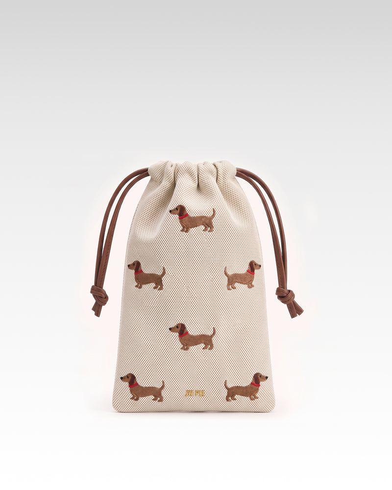 Dachshund Embroidered Canvas Drawstring Phone Bag – Beige