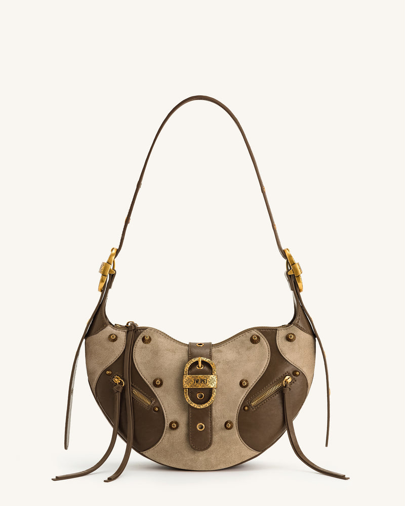 Tessa Faux Suede Studded Shoulder Bag - Brown Contrast
