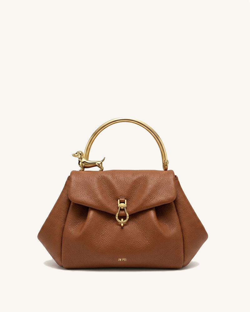 Bruna Dachshund Metal Handle Soft Flap Bag – Camel Brown