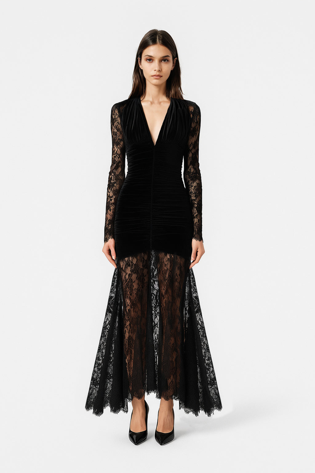 Ruched Velvet Lace Dress – Black