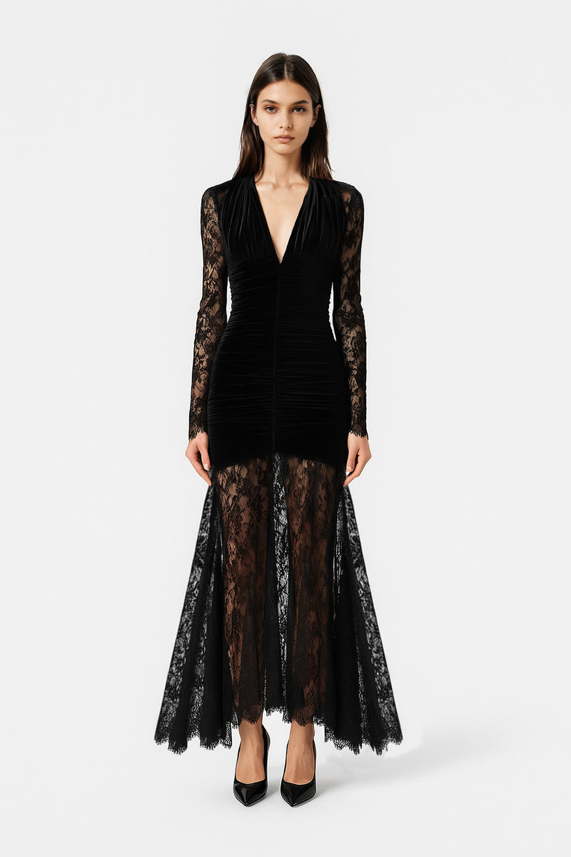 Ruched Velvet Lace Dress – Black