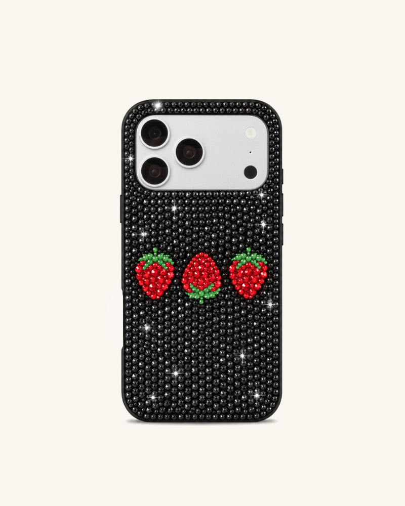 Strawberry Artificial Crystal Phone Case – Black