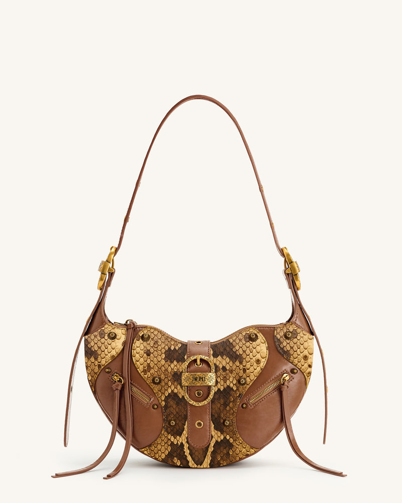Tessa Faux Snakeskin Studded Shoulder Bag - Brown