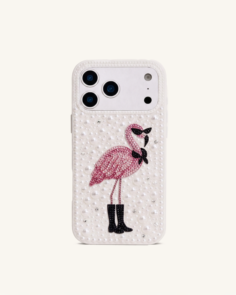 Pearl Flamingo Artificial Crystal Phone Case – White