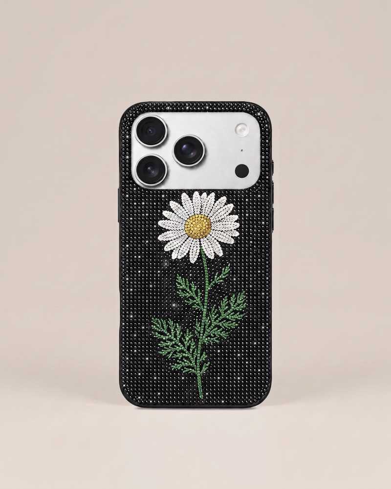 White Daisy Artificial Crystal Phone Case - Black