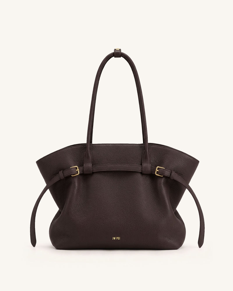 Arden Belted Pebbled Tote Bag - Dark Brown
