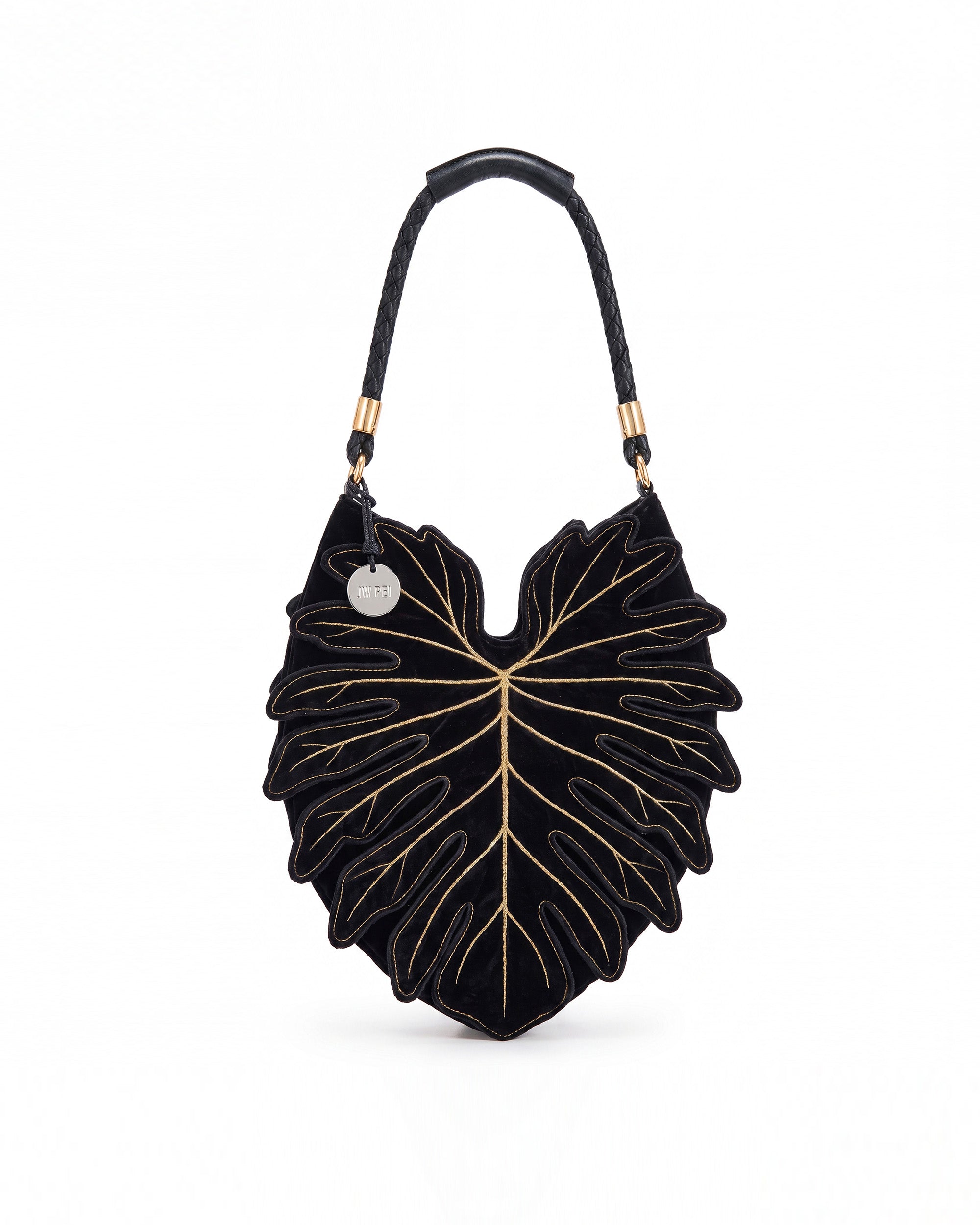 Embroidered Monstera Leaf Shaped Bag - Black